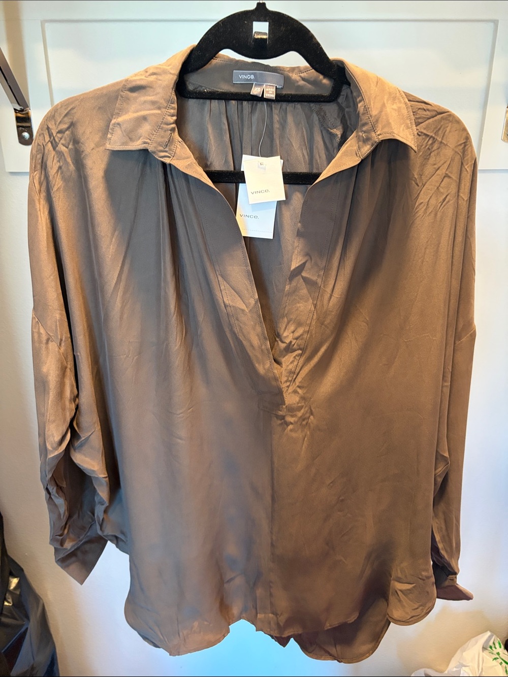 Vince Relaxed Silk Blouse in Taupe-Brown